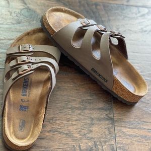 Birkenstock 3 strap buckle made in Germany 38 245 L7 M5 leather tan excellent